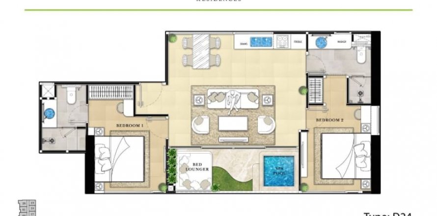 Кондоминиум с 2 спальнями в Паттайе, Таиланд в The Riviera Malibu № 120638