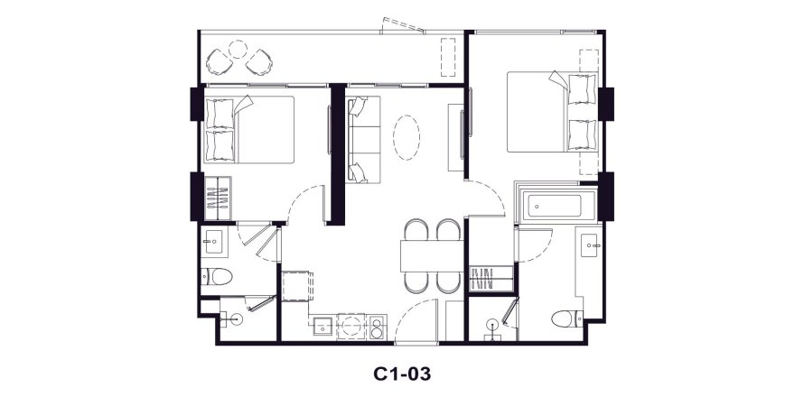 Планировка Квартиры «TYPE C1-03» 1 спальня в ЖК Origin Residences