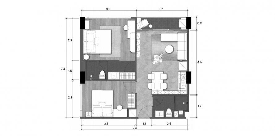 Apartment floor plan «2BR-5», 2 bedrooms in Wyndham Fantasea Condo Chalong