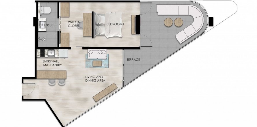 อพาร์ตเมนต์ ผังพื้น «1BR-3», 1 ห้องนอน ใน The One