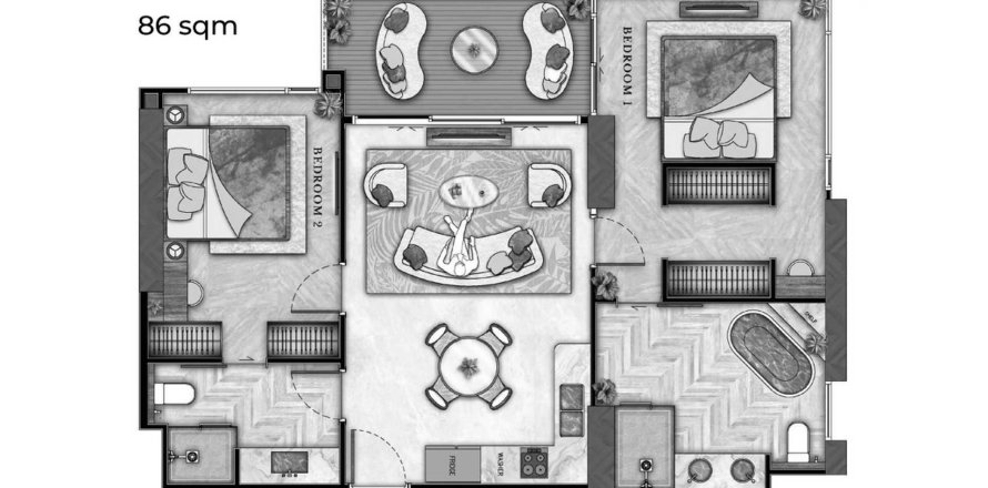 Apartment floor plan «2BR», 2 bedrooms in The Riviera Wongamat Beach