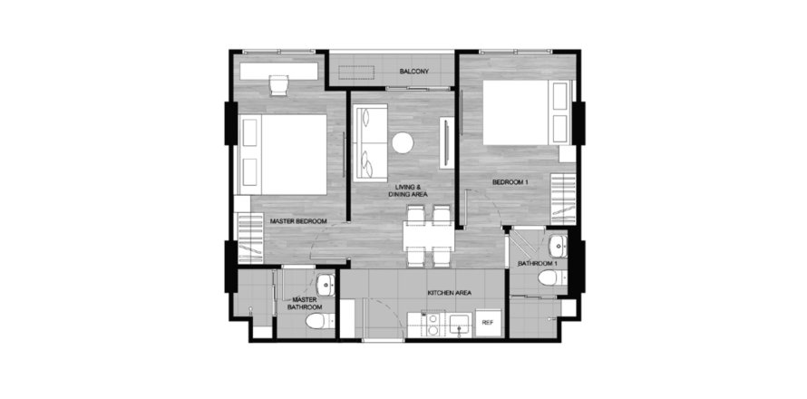 คอนโดมิเนียม ผังพื้น «Dcondo Cove», 2 ห้องนอน ใน Dcondo Cove