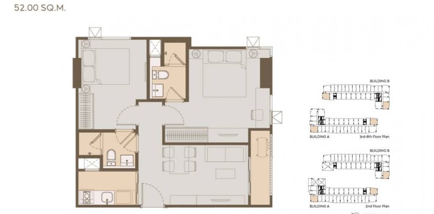 Condominio de 2 dormitorios en Bangkok, Tailandia № 124560