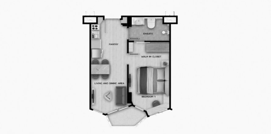 Планировка Кондоминиума «1BR-14» 1 спальня в корпусе Building B Aura Condominium in Phuket, Thailand, ЖК Aura Condominium