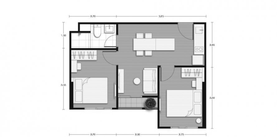 Plano de planta de condominio «2BR-69», 2 dormitorios in Nue District R9