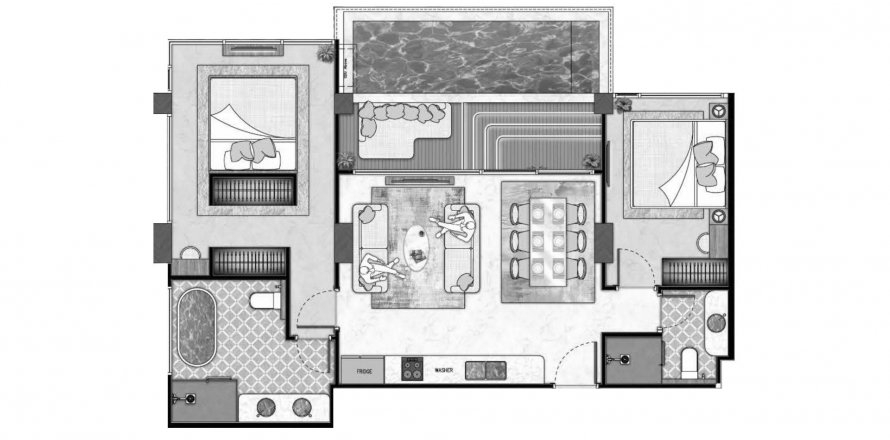 Eigentumswohnung Grundriss «The Riviera Beverly Hills», 2 Schlafzimmer in The Riviera Beverly Hills