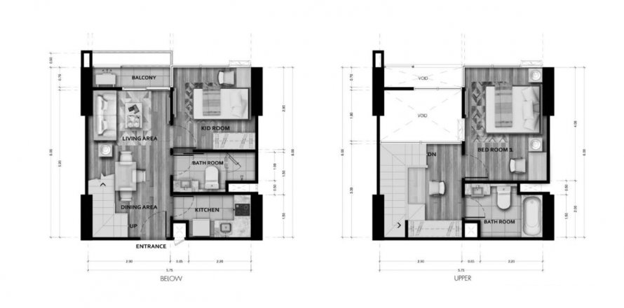 Duplex floor plan «2BR-56», 2 bedrooms in Sapphire Luxurious Condominium Rama 3