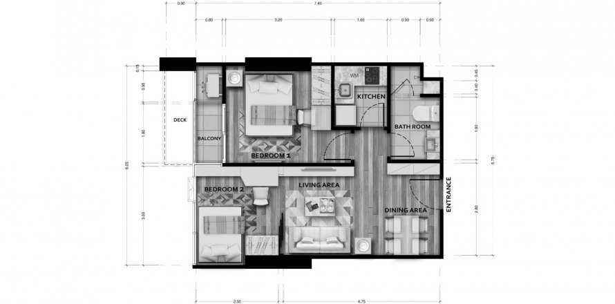 Apartment floor plan «2BR-54», 2 bedrooms in Sapphire Luxurious Condominium Rama 3